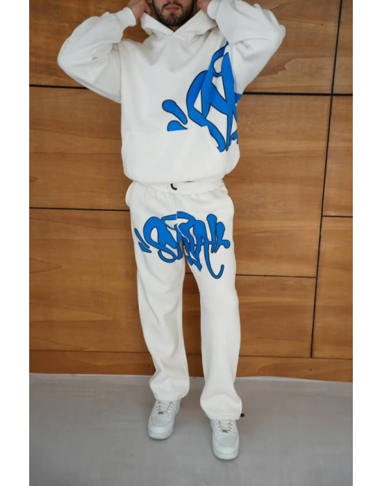 Erkek Kapüşonlu Eşofman Takım Graffiti BaskılıOversize Rahat Kalıp, Kanguru Cepli, treetwear Tarzında Premium Ürün 3 Iplik Pamuklu  Beyaz