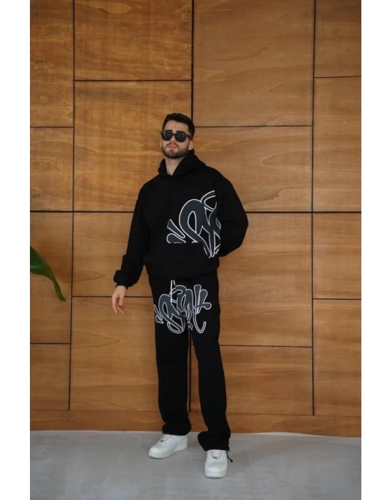 Erkek Kapüşonlu Eşofman Takım Graffiti Baskılı Oversize Rahat Kalıp, Kanguru Cepli, treetwear Tarzında Premium Ürün 3 Iplik Pamuklu  iyah