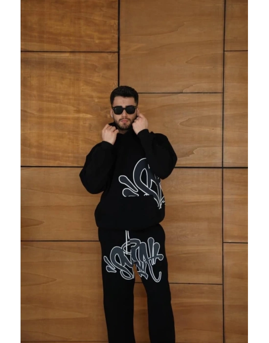 Erkek Kapüşonlu Eşofman Takım Graffiti Baskılı Oversize Rahat Kalıp, Kanguru Cepli, treetwear Tarzında Premium Ürün 3 Iplik Pamuklu  iyah