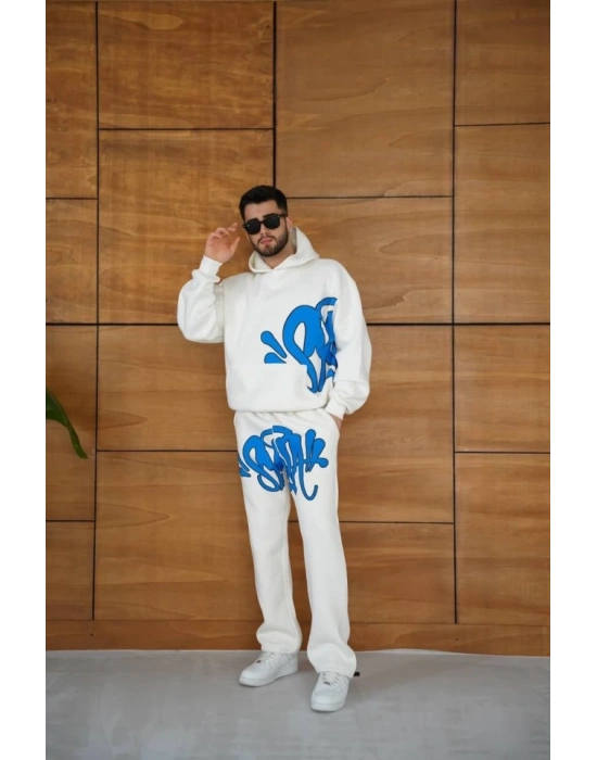 Erkek Kapüşonlu Eşofman Takım Graffiti BaskılıOversize Rahat Kalıp, Kanguru Cepli, treetwear Tarzında Premium Ürün 3 Iplik Pamuklu  Beyaz