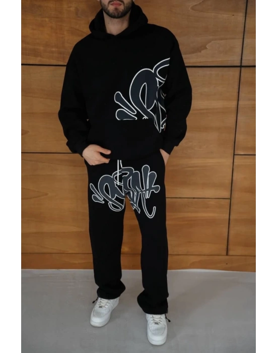 Erkek Kapüşonlu Eşofman Takım Graffiti Baskılı Oversize Rahat Kalıp, Kanguru Cepli, treetwear Tarzında Premium Ürün 3 Iplik Pamuklu  iyah