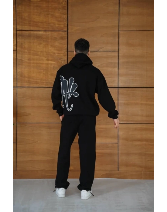 Erkek Kapüşonlu Eşofman Takım Graffiti Baskılı Oversize Rahat Kalıp, Kanguru Cepli, treetwear Tarzında Premium Ürün 3 Iplik Pamuklu  iyah