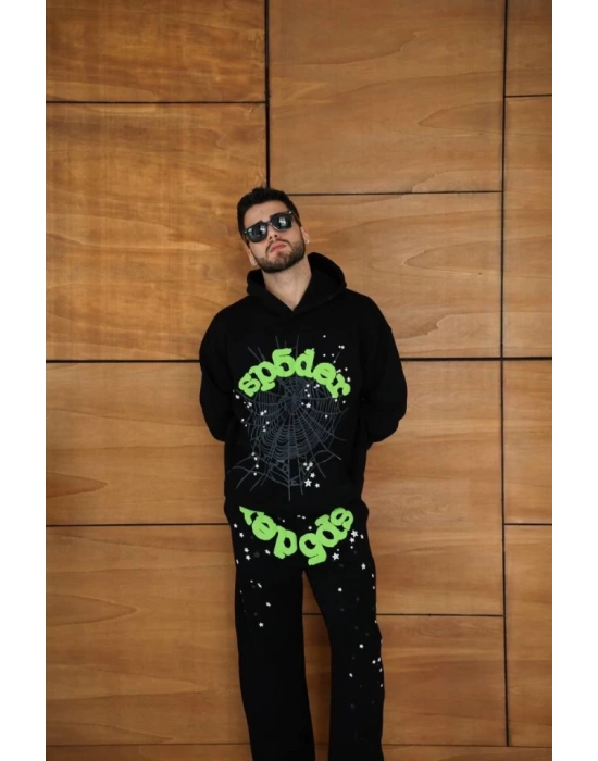 Erkek Kapüşonlu Eşofman Takım Örümcek Ağı Ve Neon Yeşil Baskılı Kanguru Cepli Oversize Rahat Kalıp, Premium Üç İplik Kumaş  iyah