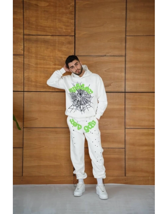 Erkek Kapüşonlu Eşofman Takım Örümcek Ağı Ve Neon Yeşil Baskılı Kanguru Cepli Oversize Rahat Kalıp, Premium Üç İplik Kumaş  Beyaz