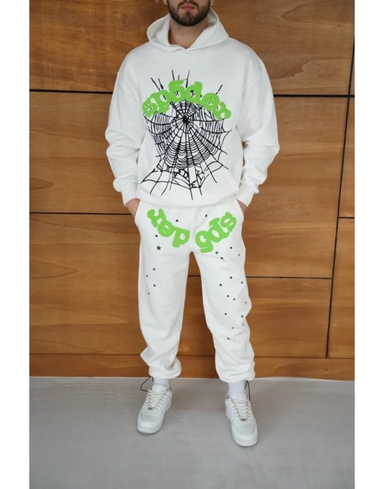 Erkek Kapüşonlu Eşofman Takım Örümcek Ağı Ve Neon Yeşil Baskılı Kanguru Cepli Oversize Rahat Kalıp, Premium Üç İplik Kumaş  Beyaz