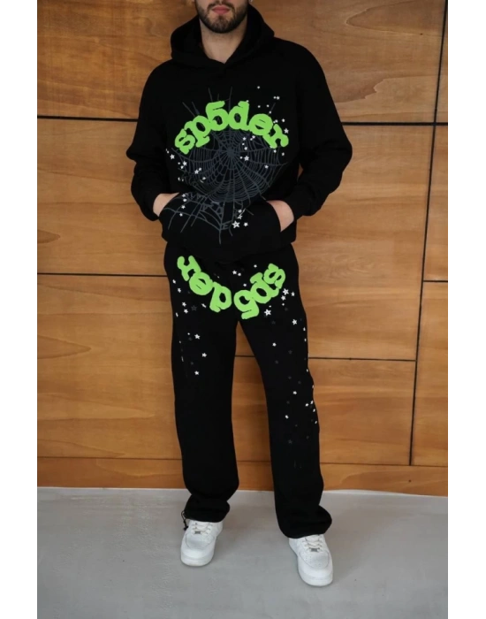 Erkek Kapüşonlu Eşofman Takım Örümcek Ağı Ve Neon Yeşil Baskılı Kanguru Cepli Oversize Rahat Kalıp, Premium Üç İplik Kumaş  iyah