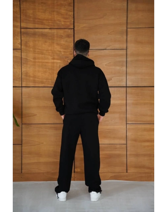 Erkek Kapüşonlu Eşofman Takım Örümcek Ağı Ve Neon Yeşil Baskılı Kanguru Cepli Oversize Rahat Kalıp, Premium Üç İplik Kumaş  iyah