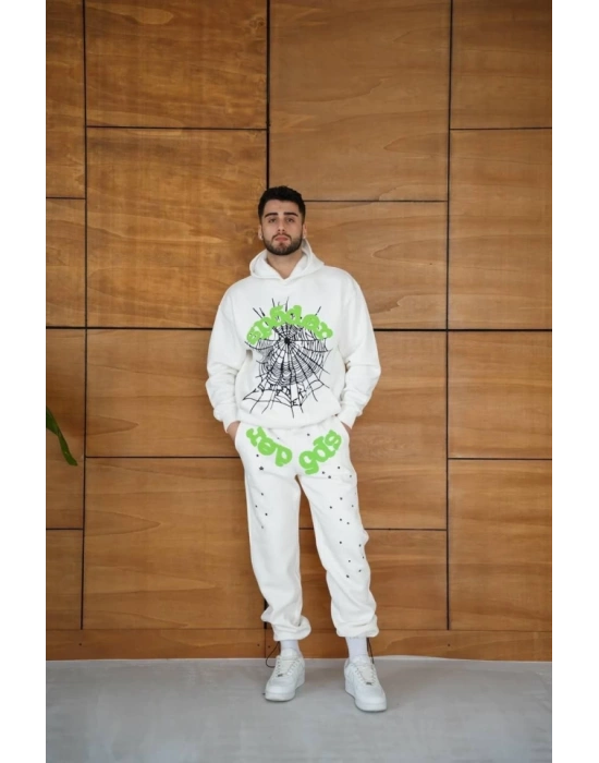 Erkek Kapüşonlu Eşofman Takım Örümcek Ağı Ve Neon Yeşil Baskılı Kanguru Cepli Oversize Rahat Kalıp, Premium Üç İplik Kumaş  Beyaz
