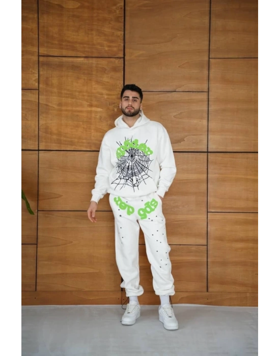Erkek Kapüşonlu Eşofman Takım Örümcek Ağı Ve Neon Yeşil Baskılı Kanguru Cepli Oversize Rahat Kalıp, Premium Üç İplik Kumaş  Beyaz