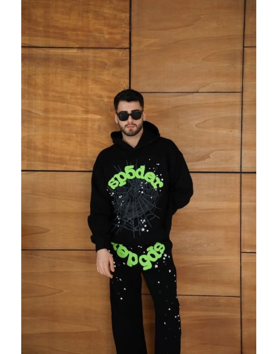 Erkek Kapüşonlu Eşofman Takım Örümcek Ağı Ve Neon Yeşil Baskılı Kanguru Cepli Oversize Rahat Kalıp, Premium Üç İplik Kumaş  iyah