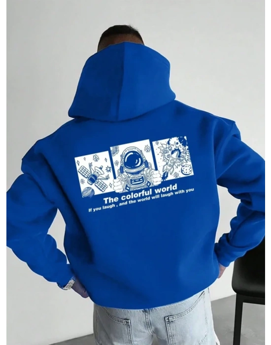 Erkek Kapüşonlu Oversize Hoodie – Üç İplik Pamuklu, Astronot Temalı Renkli Dünya Baskılı, Kanguru Cepli Premium weatshirt  aks avi