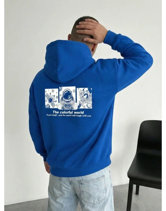 Erkek Kapüşonlu Oversize Hoodie – Üç İplik Pamuklu, Astronot Temalı Renkli Dünya Baskılı, Kanguru Cepli Premium weatshirt  aks avi