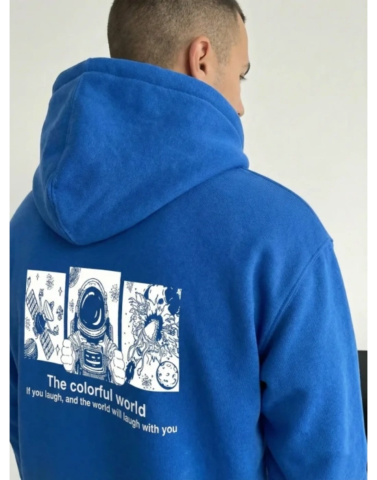 Erkek Kapüşonlu Oversize Hoodie – Üç İplik Pamuklu, Astronot Temalı Renkli Dünya Baskılı, Kanguru Cepli Premium weatshirt  aks avi