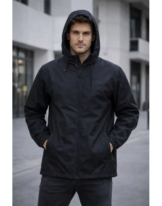 Erkek Kapüşonlu Su İtici Rüzgarlık Ceket Mevsimlik Hafif Mont  Siyah