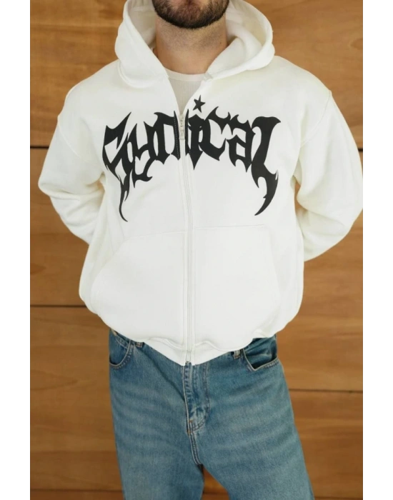 Erkek Kapüşonlu weatshirt Hoodie 3 İplik Şardonlu Pamuklu Kumaş, Önü Baskılı, Fermuarlı Rahat Kalıp, Kışlık Ve okak tili weat  Beyaz