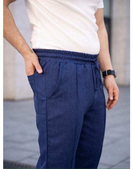 Erkek Keten Cepli Çıma Dikişli Jogger Buggy Pantalon Rahat Kalıp  acivert