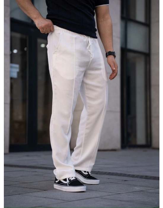 Erkek Keten Cepli Çıma Dikişli Jogger Buggy Pantalon Rahat Kalıp  Beyaz