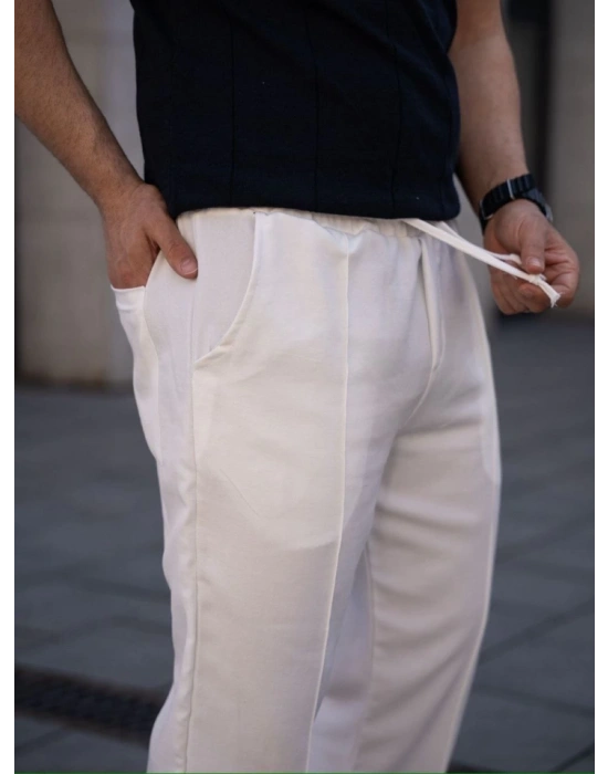 Erkek Keten Cepli Çıma Dikişli Jogger Buggy Pantalon Rahat Kalıp  Beyaz
