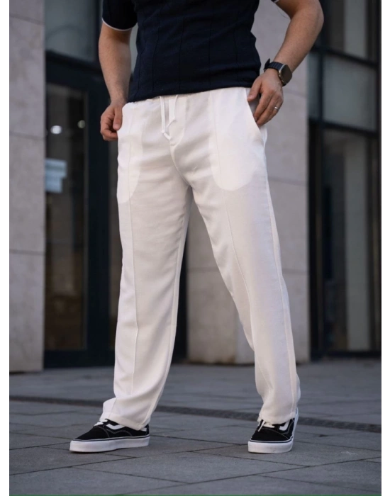 Erkek Keten Cepli Çıma Dikişli Jogger Buggy Pantalon Rahat Kalıp  Beyaz