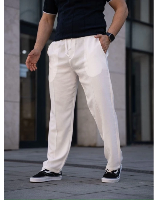 Erkek Keten Cepli Çıma Dikişli Jogger Buggy Pantalon Rahat Kalıp  Beyaz
