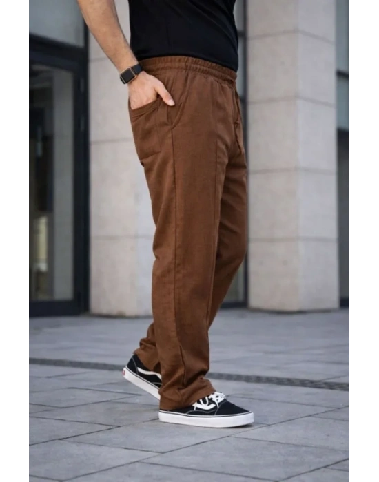 Erkek Keten Cepli Çıma Dikişli Jogger Buggy Pantalon Rahat Kalıp  Kahverengi