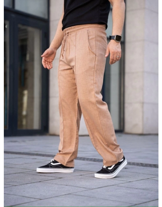 Erkek Keten Cepli Çıma Dikişli Jogger Buggy Pantalon Rahat Kalıp  Kahverengi