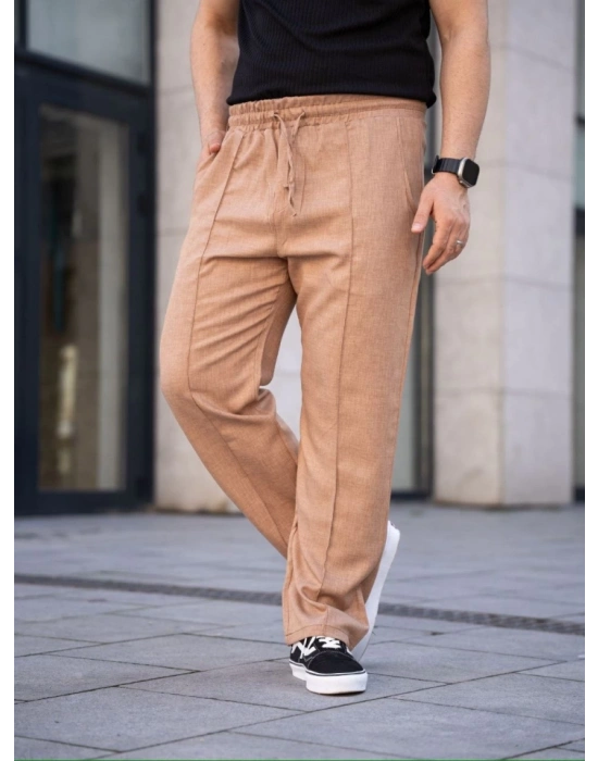Erkek Keten Cepli Çıma Dikişli Jogger Buggy Pantalon Rahat Kalıp  Kahverengi