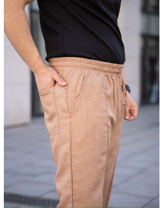 Erkek Keten Cepli Çıma Dikişli Jogger Buggy Pantalon Rahat Kalıp  Kahverengi