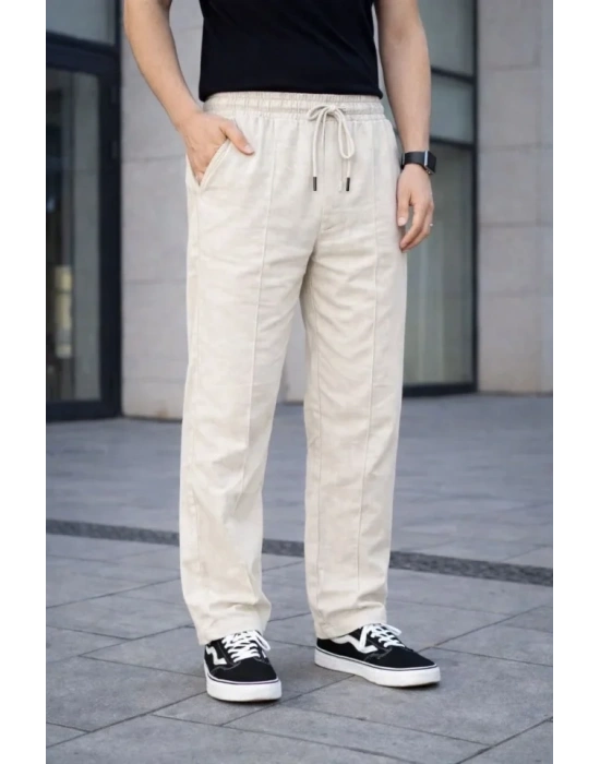 Erkek Keten Cepli Çıma Dikişli Jogger Buggy Pantalon Rahat Kalıp  Krem