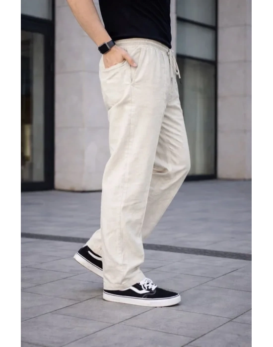 Erkek Keten Cepli Çıma Dikişli Jogger Buggy Pantalon Rahat Kalıp  Krem