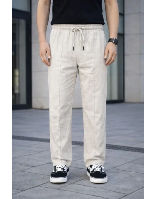 Erkek Keten Cepli Çıma Dikişli Jogger Buggy Pantalon Rahat Kalıp  Krem