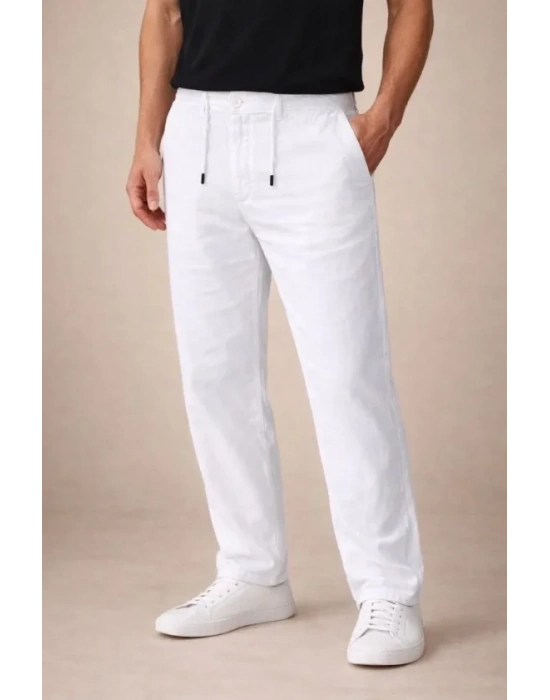 Erkek Keten Cepli Pantolon astikli Bel Bağcıklı Önden Fermuarlı  Beyaz