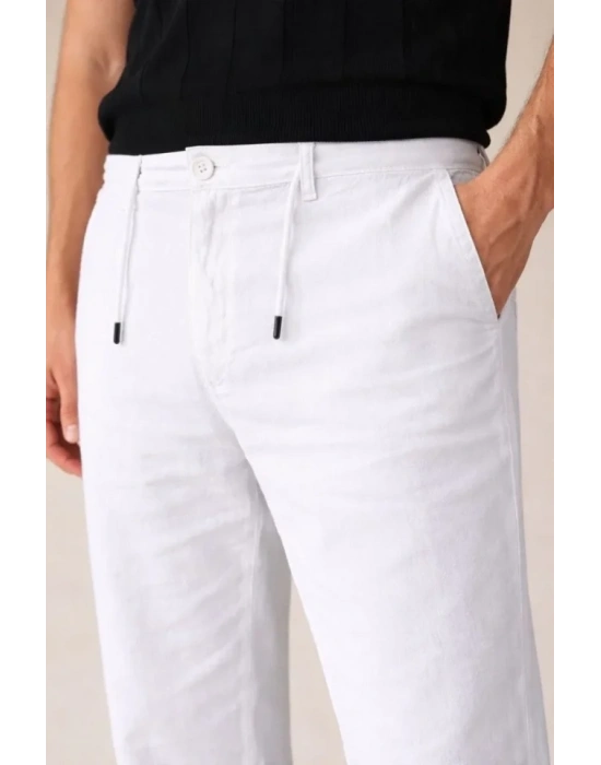 Erkek Keten Cepli Pantolon astikli Bel Bağcıklı Önden Fermuarlı  Beyaz