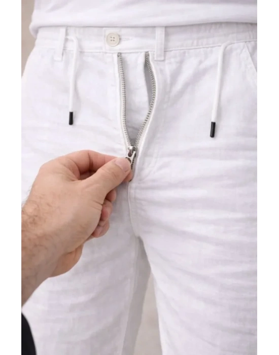 Erkek Keten Cepli Pantolon astikli Bel Bağcıklı Önden Fermuarlı  Beyaz