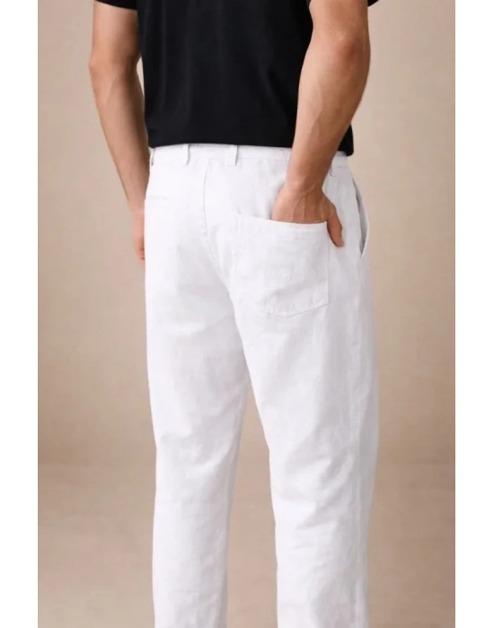 Erkek Keten Cepli Pantolon astikli Bel Bağcıklı Önden Fermuarlı  Beyaz