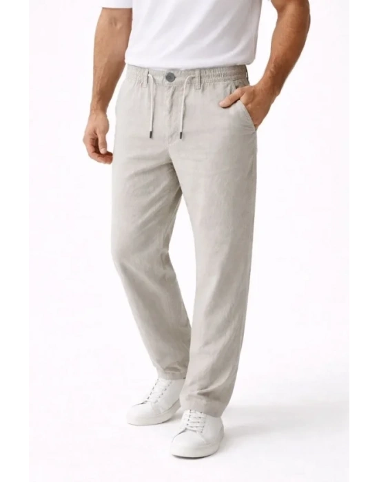 Erkek Keten Cepli Pantolon astikli Bel Bağcıklı Önden Fermuarlı  Gri