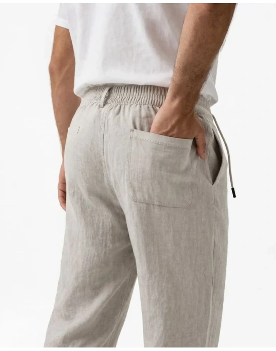 Erkek Keten Cepli Pantolon astikli Bel Bağcıklı Önden Fermuarlı  Gri