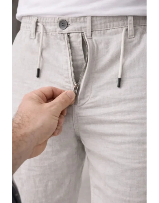 Erkek Keten Cepli Pantolon astikli Bel Bağcıklı Önden Fermuarlı  Gri