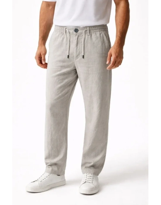 Erkek Keten Cepli Pantolon astikli Bel Bağcıklı Önden Fermuarlı  Gri