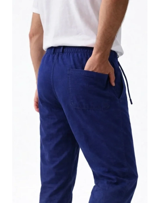 Erkek Keten Cepli Pantolon astikli Bel Bağcıklı Önden Fermuarlı  İndigo