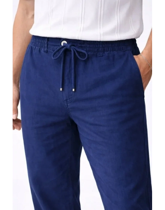 Erkek Keten Cepli Pantolon astikli Bel Bağcıklı Önden Fermuarlı  İndigo