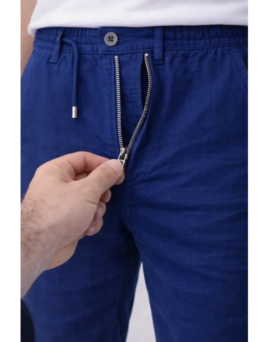 Erkek Keten Cepli Pantolon astikli Bel Bağcıklı Önden Fermuarlı  İndigo