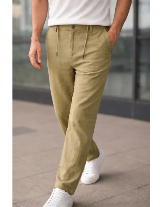 Erkek Keten Cepli Pantolon astikli Bel Bağcıklı Önden Fermuarlı  int Yeşili