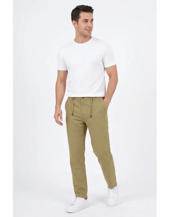 Erkek Keten Cepli Pantolon astikli Bel Bağcıklı Önden Fermuarlı  int Yeşili