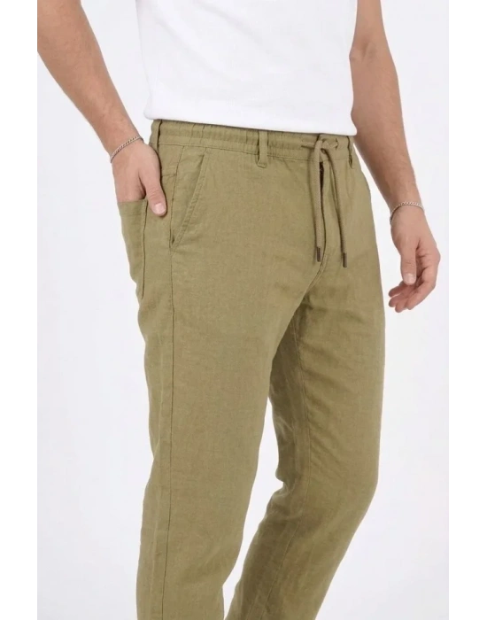 Erkek Keten Cepli Pantolon astikli Bel Bağcıklı Önden Fermuarlı  int Yeşili