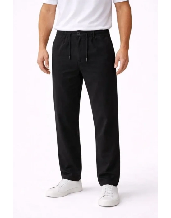 Erkek Keten Cepli Pantolon astikli Bel Bağcıklı Önden Fermuarlı  iyah