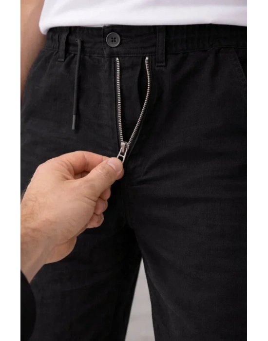 Erkek Keten Cepli Pantolon astikli Bel Bağcıklı Önden Fermuarlı  iyah