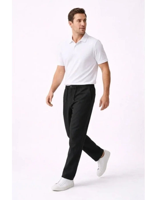 Erkek Keten Cepli Pantolon astikli Bel Bağcıklı Önden Fermuarlı  iyah