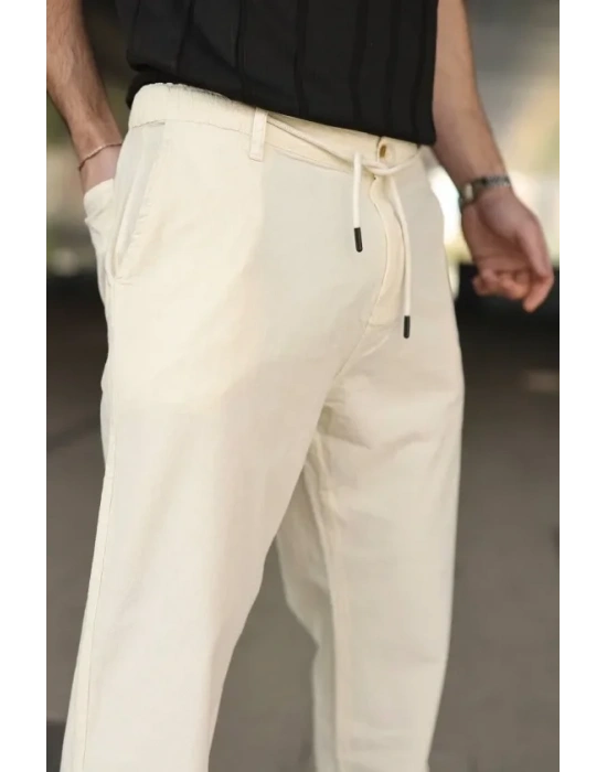 Erkek Keten Cepli Pantolon astikli Bel Bağcıklı Önden Fermuarlı  Krem