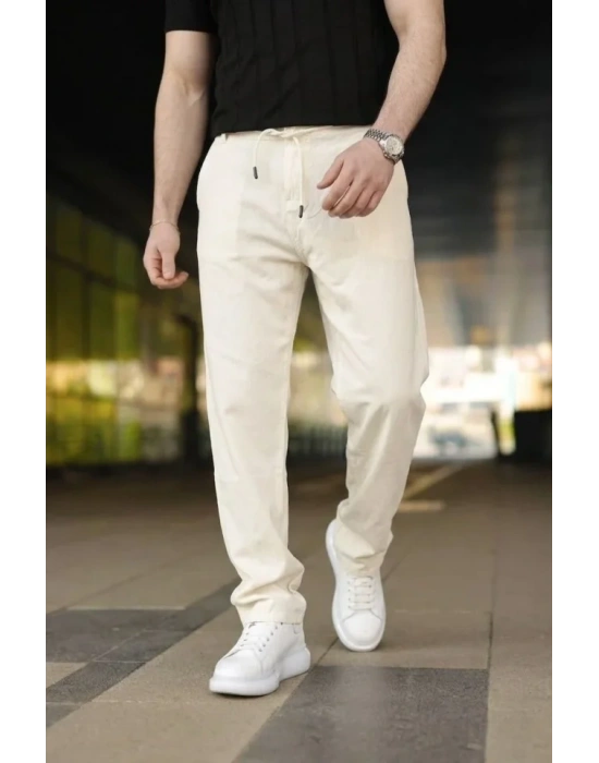 Erkek Keten Cepli Pantolon astikli Bel Bağcıklı Önden Fermuarlı  Krem